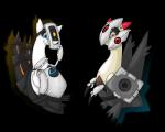 alternate_color ambiguous_gender artificial_intelligence blue_eyes clothing cosplay costume duo feral looking_at_viewer machine red_eyes smile turret yellow_eyes rawchomp nintendo pokemon portal_(series) valve fan_character frankenturret_(portal) glados turret_(portal) generation_3_pokemon latias legendary_pokemon pokemon_(species) robot scalie absurd_res alpha_channel crossover hi_res