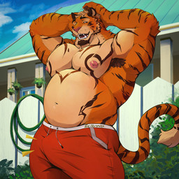 anthro areola arm_markings arm_tuft armpit_hair back_muscles big_butt big_muscles big_pecs biped blue_sky body_hair bottomwear brown_armpit_hair brown_body brown_ears brown_eyebrows brown_facial_hair brown_fur brown_goatee brown_pawpads brown_stripes building bulge butt cheek_tuft chest_markings claws clothed clothing cloud countershade_arms countershade_fur countershade_neck countershade_tail countershade_torso countershading dark_body dark_fur detailed_background elbow_tuft erection erection_under_clothing eyebrows facial_hair facial_markings facial_tuft fangs fence finger_claws fur garden_hose goatee hair hands_behind_head head_markings house light_body light_fur long_tail looking_at_viewer low-angle_view male markings mature_male multicolored_body multicolored_bottomwear multicolored_clothing multicolored_fur multicolored_shorts musclegut muscular muscular_anthro muscular_arms muscular_male navel neck_tuft nipples open_mouth orange_body orange_fur orange_tail outside pawpads pecs pillar pink_areola pink_nipples pink_nose plant pockets raised_arms red_bottomwear red_clothing red_shorts rooftop shirt_hair shorts shorts_only shrub sky smile solo standing striped_body striped_fur stripes tail tail_markings tail_tuft tan_body tan_fur tan_hair tan_tail teeth thick_thighs thin_tail three-quarter_view topless triceps tuft wavy_tail whisker_markings white_bottomwear white_claws white_clothing white_fence white_shorts white_stripes wood wood_fence purtropos felid mammal pantherine tiger 1:1 2026 digital_media_(artwork) hi_res signature father_(lore) parent_(lore)