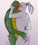 adolescent anthro anthro_on_anthro balls blush duo fluffy fluffy_tail french_kissing fur genitals hand_on_butt kissing male male/male romantic tail white_body white_fur young purplevelbeth teenage_mutant_ninja_turtles usagi_yojimbo leonardo_(tmnt) miyamoto_usagi lagomorph leporid mammal rabbit reptile scalie turtle 5:6 absurd_res hi_res