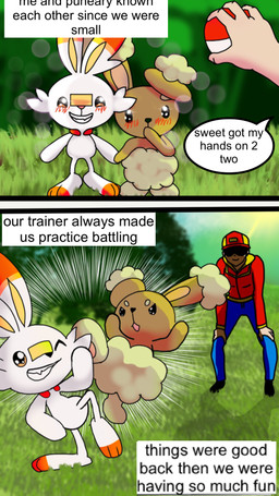 anthro duo female fight male male/female obscured_eyes text pantyking nintendo pokemon buneary generation_4_pokemon generation_8_pokemon human mammal pokemon_(species) scorbunny 9:16 comic english_text hi_res