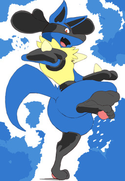 ambiguous_gender anthro black_body black_fur blue_background blue_body blue_fur butt chest_spike fur hand_spike open_mouth pawpads pink_pawpads raised_leg red_eyes side_view simple_background solo spikes spikes_(anatomy) tail white_background crimenes nintendo pokemon generation_4_pokemon lucario pokemon_(species) 2024 absurd_res hi_res
