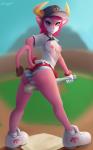 anthro areola baseball_(sport) baseball_base baseball_bat baseball_cap baseball_field baseball_uniform bat_(object) between_legs biped blue_nose blurred_background bodily_fluids bottomwear breasts brown_body brown_fur butt clothed clothing clothing_aside clothing_lift dirt female footwear fur genital_fluids gloves grass hair hand_on_hip handwear hat headgear headwear horn legwear looking_at_viewer looking_back mascot nipples open_clothing open_shirt open_topwear panties panties_aside pink_areola pink_body pink_fur pink_hair pink_nipples plant presenting presenting_hindquarters raised_clothing raised_shirt raised_tail raised_topwear rear_view red_eyes shirt shoes skirt skirt_lift sky small_breasts socks solo sport sportswear tail tail_tuft text text_on_clothing text_on_hat text_on_headwear topwear tuft unbuttoned undershirt underwear underwear_aside uniform vaginal_fluids white_body white_clothing white_fur white_gloves white_handwear sudkampsin nippon_professional_baseball orix_buffaloes buffalo_bell bovid bovine mammal 5:8 full-length_portrait portrait