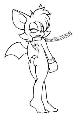 anthro bdsm bondage bound butt crossgender cuff_(restraint) femboy male neck_chain restraints solo wrist_cuffs fourssss sega sonic_the_hedgehog_(series) rogue_the_bat_(nikkikaji) rouge_the_bat bat mammal 2026 hi_res line_art monochrome