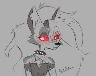 anthro chest_tuft clothed clothed_anthro clothed_female clothing collar eyebrow_through_hair eyebrows eyelashes facial_tuft female freckled_arms freckled_chest freckled_face freckled_shoulders freckles front_view fur glowing glowing_eyes grey_background grey_body grey_clothing grey_fur grey_hair grey_shirt grey_topwear hair long_eyelashes long_hair looking_at_viewer neutral_expression piercing red_eyes shirt simple_background solo speckle_freckles spiked_collar spikes text topwear torn_clothing torn_shirt torn_topwear translucent translucent_hair tuft white_eyes freckelz hellaverse helluva_boss mythology loona_(helluva_boss) canid canid_demon canine demon hellhound mammal mythological_canine mythological_creature artist_name spot_color