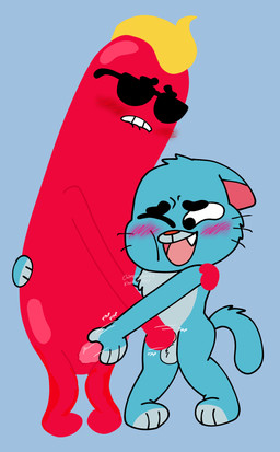 anthro bite biting_lip blushing_profusely cloacal_penis food handjob holding_each_other holding_partner hot_dog male male/male mutual_handjob mutual_masturbation onomatopoeia penile sex size_difference sound_effects text chimeracocks cartoon_network the_amazing_world_of_gumball gumball_watterson hot_dog_guy_(tawog) domestic_cat felid feline felis mammal absurd_res hi_res