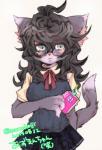 4_fingers :< ahoge anthro bangs black_hair blue_eyes bottomwear breasts cheek_tuft clothed clothing countershade_face countershading dipstick_tail ear_tuft eye_through_hair eyebrow_through_hair eyebrows eyelashes eyewear facial_tuft female fingers frown fujoshi fully_clothed fur glasses hair hair_between_eyes hand_behind_back holding_object inner_ear_fluff kemono long_hair markings medium_breasts miniskirt mouth_closed multicolored_body multicolored_fur multicolored_tail orange_clothing orange_shirt orange_topwear otaku pink_body pink_fur pink_nose pupils purple_body purple_bottomwear purple_clothing purple_countershading purple_fur purple_tail red_ribbon ribbons shirt short_sleeves skirt slit_pupils solo sweater sweater_vest tail tail_markings text thick_eyebrows topwear translucent translucent_hair tuft two_tone_tail vest wavy_hair azumaotoko domestic_cat felid feline felis mammal 2015 dated digital_drawing_(artwork) digital_media_(artwork) japanese_text