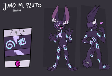 3_eyes anthro antlers blue_body blue_fur cheek_tuft chest_tuft clothing digit_ring facial_tuft feet fur glowing glowing_markings hair half-closed_eyes horn jewelry male markings multi_eye narrowed_eyes purple_body purple_fur purple_hair ring sharp_teeth shirt smile smirk smug smug_face smug_grin solo tank_top teeth text toe_ring toes topwear tuft xing1 juno_(jackel_usami) jackalope lagomorph mammal english_text hi_res model_sheet