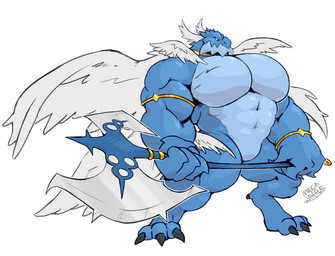 anthro axe battle_axe big_muscles big_pecs feathered_wings feathers male melee_weapon muscular pecs weapon wings megawaffle mythology tarchon angel dragon mythological_creature mythological_scalie scalie hi_res