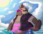 anthro belly big_belly bottomwear clothing cloud cute_fangs fangs male moobs outside overweight overweight_male shorts solo sun swimwear teeth chubbymeel breeze_in_the_clouds sodo_(breeze_in_the_clouds) hyena mammal 2024 hi_res