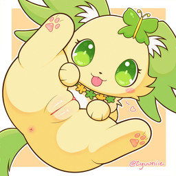 anus butterfly_clip female feral fur garland genitals green_body green_eyes green_fur jewelry looking_at_viewer necklace pawpads presenting solo spread_legs spreading tongue tongue_out vulva yellow_body yellow_fur zyuuniie jewelpet sanrio sega sega_fave peridot_(jewelpet) canid canine canis domestic_dog mammal papillon toy_dog 1:1 hi_res