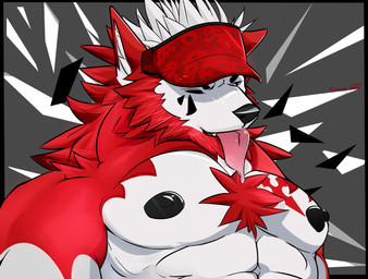 abs abstract_background anthro black_nipples black_nose chest_tuft clothing fur hair hat headgear headwear male muscular muscular_anthro muscular_male nipples one_eye_closed pecs red_body red_fur solo tongue tongue_out tuft visor_cap white_body white_fur cross-zer0 canid canine canis domestic_dog husky mammal nordic_sled_dog spitz wolf 2018 digital_media_(artwork) hi_res