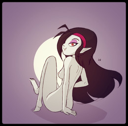 accessory bedroom_eyes black_border black_hair border breasts butt eyeshadow fangs feet female hair hair_over_eye half-closed_eyes headband humanoid_pointy_ears long_hair looking_at_viewer makeup narrowed_eyes nipples not_furry nude one_eye_obstructed pointy_ears red_eyes seductive simple_background sitting solo teeth toes kt-draws the_baskervilles fangora_dracula humanoid vampire hi_res