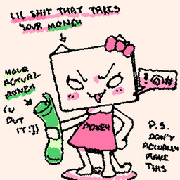 >:3 ambiguous_anthro ambiguous_gender anthro banknote biped black_text blush clothed clothed_ambiguous clothed_anthro clothing cute_fangs directional_arrow dress empty_eyes eyebrows fangs featureless_feet featureless_hands feet money noseless open_:3 open_mouth open_smile pink_blush pink_clothing pink_dress simple_background simple_eyes smile smug solo speech_bubble squigglevision standing stylized_empty_eyes tail tan_background teeth text text_on_clothing ligma_(artist) 4chan moot domestic_cat felid feline felis mammal 1:1 2026 animated digital_media_(artwork) english_text handwritten_text wigglypaint_(artwork)