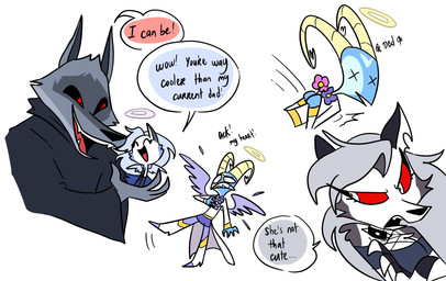 anthro back_wings black_sclera clothing collar crossed_arms dialogue feathered_wings feathers female flower_accessory fur grey_body grey_fur group halo humor male red_eyes red_sclera robe speech_bubble spiked_collar spikes text white_body white_eyes white_fur wings young young_female emositecc dreamworks hellaverse helluva_boss mythology puss_in_boots_(franchise) blitzo_(helluva_boss) death_(puss_in_boots) loona_(helluva_boss) angel angel_humanoid canid canid_angel canid_demon canine canis cherub demon hellhound humanoid mammal mythological_canine mythological_creature wolf colored english_text hi_res