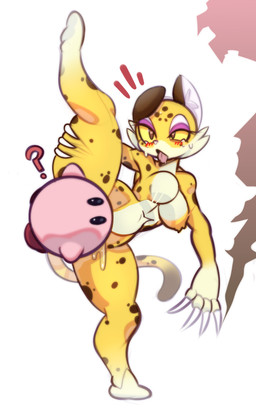 abdominal_bulge ahegao anthro beady_eyes big_breasts black_eyes blush bodily_fluids breasts brown_body brown_eyes brown_fur cheek_tuft claws cunnilingus deep_cunnilingus dipstick_limbs dipstick_tail duo ear_tuft eyelashes eyeshadow facial_tuft featureless_breasts female flexible fur looking_pleasured makeup male markings on_one_leg oral penetration pink_body pink_tongue purple_eyeshadow question_mark questionable_consent raised_leg saliva sex simple_background small_waist spots spotted_body spotted_fur standing tail tail_markings tears thick_thighs tongue tongue_out tongue_penetration tuft vaginal white_background white_body white_fur wide_hips yellow_body yellow_fur yellow_sclera p4karose kirby_(series) kirby_and_the_forgotten_land nintendo clawroline kirby felid leopard mammal pantherine waddling_head absurd_res hi_res