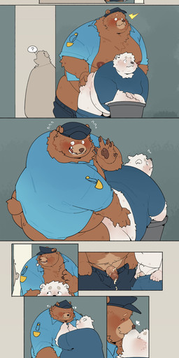 after_sex anal anthro belly big_belly blush bodily_fluids bottomwear bottomwear_down brown_body brown_fur butt clothed clothing duo_focus fur genitals group kemono kissing male male/male moobs nipples obese obese_anthro obese_male open_clothing open_shirt open_topwear outside overweight overweight_anthro overweight_bottom overweight_dom overweight_male overweight_sex overweight_sub overweight_top pants pants_down partially_clothed police police_hat question_mark sex shirt surprised sweat topwear trio quanjiang bear brown_bear mammal polar_bear ursine 2025 absurd_res comic hi_res multiple_scenes