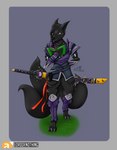 adventurer anthro belt book claws female melee_weapon multi_tail pouch_(anatomy) pouch_purse sheathed_weapon solo sword tail tassels toe_claws warrior weapon lordofnothin1 furaffinity canid mammal absurd_res hi_res