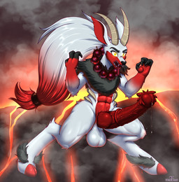 animal_genitalia animal_penis balls big_balls big_penis bodily_fluids digitigrade equine_genitalia equine_penis flared_penis fur genital_fluids genitals glowing glowing_eyes hooves horn huge_penis jewelry knot knotted_penis male medial_ring necklace palmorph penile_spines penis precum solo white_body white_fur wolfmask palworld pocketpair humanoid incineram pal_(species) hi_res