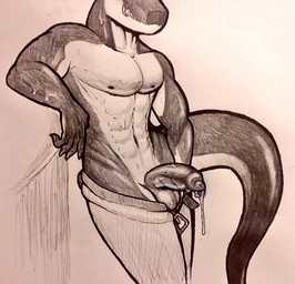 anthro bodily_fluids dripping genital_fluids genitals girthy grin half_naked male muscular muscular_male penis precum precum_drip smile solo sweat pseudokym reptile scalie 2021 black_and_white monochrome traditional_media_(artwork)