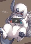 2017 absol absurd_res ambiguous_gender brown_background claws digital_media_(artwork) electronics featureless_crotch felid feral fluffy game_console generation_3_pokemon hair hi_res hindpaw horn long_hair lute_(zinfyu) lying mammal neck_tuft nintendo nintendo_switch on_back paws pokemon pokemon_(species) red_eyes shaded simple_background solo spread_legs spreading tuft white_hair zinfyu