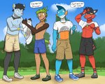 5:4 anthro anthrofied bottomwear chespin cid_(fuze) clothed clothing clothing_lift comic crop_top dialogue english_text footwear fuze gao_(fuze) generation_3_pokemon generation_4_pokemon generation_6_pokemon generation_7_pokemon group hi_res kai_(fuze) lucas_(fuze) male marshtomp midriff navel nintendo nipples pokemon pokemon_(species) pokemorph shinx shirt shirt_lift shoes shorts socks t-shirt text topless topwear torn_clothing torracat wiping_forehead