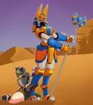 anthro desert duo holding_object holding_staff machine male metal_clothing red_eyes robot_gore staff trueblue3d capcom mega_man_(series) mega_man_zero anubis_necromancess canid canine canis jackal mammal reploid robot hi_res