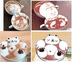 ambiguous_gender beverage black_pawpads coffee eyes_closed feral fin food group latte_art pawpads smile solo tail tail_fin tail_motion trio white_body keke_(artist) bear felid fish food_creature mammal marine animated short_playtime