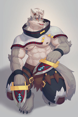 abs anthro bandage big_muscles big_pecs bottomwear braided_hair braided_ponytail clothed clothing coat dagger feet fur fur_markings grey_body grey_fur hair kneeling male markings melee_weapon muscular muscular_anthro muscular_male navel nipples open_clothing open_coat open_topwear pants pecs ponytail red_eyes solo topwear weapon white_body white_fur white_hair wristband ronci cygames world_flipper klaus_(world_flipper) canid canine canis mammal wolf absurd_res hi_res