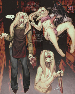5_fingers abstract_background anthro apron black_apron black_choker black_clothing black_hair black_jewelry black_necklace blood blood_drip blood_on_apron blood_on_clothing blood_on_object blood_on_weapon bodily_fluids bottomwear bra breasts brown_clothing brown_footwear brown_shoes bulge butcher butcher_apron butcher_knife choker cleaver_(knife) clothed clothing collarbone cutlery disembodied_head dripping duo ellipsis emanata eyeliner featureless_crotch female female/female_symbol female_anthro female_symbol fingers flannel floppy_ears footwear freckled_face freckles frown fur gender_symbol grey_bottomwear grey_clothing grey_pants grin gynomorph gynomorph_anthro hair holding_knife holding_object horror_(theme) humanoid_hands intersex intersex_anthro interspecies jewelry kitchen_knife kitchen_utensils knife long_ears long_sleeves lying makeup medium_hair midriff multiple_outfits multiple_poses necklace nervous nipples nosebleed nude obscured_eyes on_back one_eye_obstructed open_mouth panties pants pantsless pink_bra pink_clothing pink_panties pink_underwear pose predator/prey pubes questionable_consent red_eyes ribs sexuality_symbol shaking_legs sharp_teeth shoes short_fur skimpy skinny small_breasts smile solo_focus submissive submissive_gynomorph submissive_intersex sweat symbol teeth text tongue tongue_out tools underwear weapon white_body white_fur white_hair y_nose wolfertinger frances_makon_(wolfertinger) mina_(wolfertinger) canid canine canis domestic_rabbit english_lop lagomorph leporid lop_rabbit mammal oryctolagus rabbit wolf 2026 character_name colored_line_art english_text full-length_portrait hi_res portrait shaded trans_(lore) trans_woman_(lore)