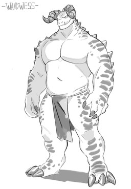 anthro bottomwear claws clothed clothing front_view horn loincloth loincloth_only looking_at_viewer male musclegut muscular muscular_anthro muscular_male sharp_teeth shirtless solo spikes standing teeth topless wandwess fallout microsoft deathclaw reptile scalie hi_res monochrome sketch