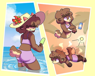 anthro beach clothing covered_eyes female horn sea seaside solo summer sun sunscreen swimwear water banono banono_(character) bovid caprine mammal sheep hi_res multiple_scenes gynomorph_(lore)