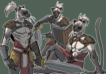 anthro armor athletic athletic_anthro athletic_male ear_piercing ear_ring eyes_closed fighting_pose fur grey_body grey_fur male melee_weapon pauldron piercing pose red_eyes ring_piercing shield simple_background sitting smile solo sword vambrace weapon white_body white_fur custapple microsoft the_elder_scrolls felid khajiit mammal 2021 absurd_res hi_res