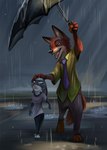 anthro cloud duo female fur male raining sad sky umbrella water conditional_dnp latex_(artist) disney zootopia judy_hopps nick_wilde canid canine fox lagomorph leporid mammal rabbit red_fox true_fox together_(disambiguation)