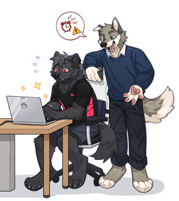 anthro blue_clothing blue_sweater blue_topwear chair clothing computer duo electronics furniture laptop male male/male office_chair sweater table topwear asnnonaka yuri_056 hi_res