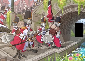 ambiguous_gender anthro backpack bridge city city_background classical_architecture clothing coat epaulet flag flag_(object) flower group gun hat headgear headwear hidden_eyes holding_flag holding_musket holding_object lily_(flower) lily_pad military military_uniform musket outside plant portal ranged_weapon river rope saber shako soldier street_lamp timber_framed_architecture topwear uniform vines warrior weapon worried worried_look roawayart lost_soldier_(roawayart) plantide_(roawayart) avian bird hi_res
