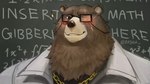 anthro blush brown_body brown_fur chalkboard clothing eyewear facial_scar fur glasses jacket jewelry male missing_eye necklace scar smile solo text topwear white_clothing white_jacket white_topwear yeshh mihoyo zenless_zone_zero ben_bigger bear mammal 16:9 4k absurd_res english_text hi_res widescreen