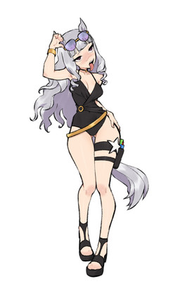 bracelet clothing eyewear female footwear grey_hair grey_tail hair horse_ears horse_tail jewelry legband one-piece_swimsuit shoes simple_background solo sunglasses swimwear tail toeless_footwear toeless_shoes tongue tongue_out gurumo humanoid absurd_res character_request hi_res