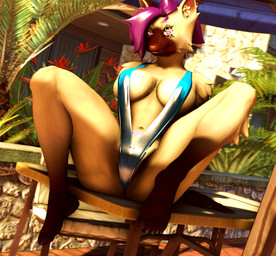 anthro bedroom_eyes big_breasts bikini breasts brown_body brown_fur butt butt_from_the_front claws clothed clothing detailed_background facial_tattoo feet female fur furniture hair inner_ear_fluff looking_at_viewer multicolored_body multicolored_fur narrowed_eyes navel one-piece_swimsuit outside poolside purple_eyes purple_hair seductive short_hair sitting skimpy skimpy_bikini sling_bikini smile solo spread_legs spreading swimwear table tan_body tan_fur tattoo text thick_thighs toe_claws toes tuft two-piece_swimsuit two_tone_body two_tone_fur wide_hips womb_tattoo viper-desires rebecca_(viper-desires) domestic_cat felid feline felis mammal 2023 3d_(artwork) artist_name digital_media_(artwork) source_filmmaker_(artwork) watermark