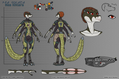 3_fingers 3_toes 4_arms 4_eyes camo camo_clothing camo_print chart claws clothing feet female fingers flat_chested hair height_chart long_tail markings multi_arm multi_eye multi_limb pattern_clothing plantigrade pupils red_eyes red_hair short_hair solo spacesuit standing tail tail_markings text toes darth_biomech leaving_the_cradle nea_khtara alien humanoid raharr hi_res model_sheet url