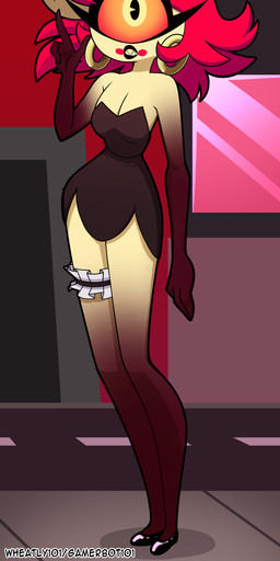 1_eye accessory bare_shoulders black_clothing black_dress black_footwear black_shoes blush blush_stickers breasts city city_background cleavage clothed clothing dress ear_piercing ear_ring eyelashes feet female flats_(shoes) footwear garter hair hoop_ear_ring long_legs orange_sclera outside pie_cut_eyes piercing red_hair red_sky ring_piercing sharp_teeth shoes short_hair sky small_feet small_waist solo strapless_clothing strapless_dress teeth yellow_body yellow_skin barryfactory hazbin_hotel hellaverse niffty_(hazbin_hotel) cyclops demon humanoid 2022 absurd_res full-length_portrait hi_res portrait