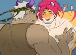 abs anthro aphrodisiac blush clothing duo groping_chest horn male male/male muscular muscular_anthro muscular_male pecs shirt shirtless syringe tank_top topwear wolfmanwilk lifewonders tokyo_afterschool_summoners nomad_(tas) shennong_(tas) bovid bovine cattle felid mammal pantherine tiger