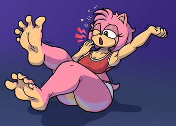 anthro barefoot butt clothing colored_nails colored_toenails crop_top eyelashes feet female freckles fur green_eyes legs_up nails one_eye_closed open_mouth pink_body pink_fur raised_arm shirt solo tail tan_body tan_skin tired toenails toes topwear underwear yawn napplepies sega sonic_the_hedgehog_(series) amy_rose eulipotyphlan hedgehog mammal