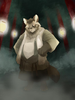 anthro asian_clothing belly biped brown_body brown_fur brown_nose clothing east_asian_clothing fur humanoid_hands japanese_clothing male night overweight overweight_male solo whistleglass canid canine mammal raccoon_dog tanuki 2015 3:4