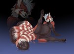 anthro belly big_belly blue_hair grey_eyes hair long_ears long_tail male smug solo stripes tail vore cmitchell ailurid bear canid canine fox giant_panda hybrid mammal red_panda hi_res