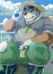 anthro belly bodily_fluids bottomwear brown_body brown_fur clothing fur hat headgear headwear humanoid_hands kemono male outside overweight overweight_anthro overweight_male pants shirt sitting solo straw_hat sweat topwear train_(artist) lifewonders tokyo_afterschool_summoners volos_(tas) bear mammal 2020 hi_res