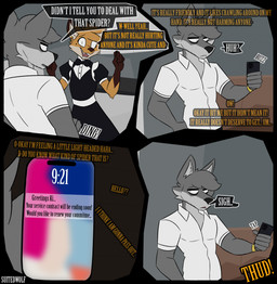 4_panel 5_fingers anthro cellphone clothed clothing collared_shirt color_coded_text countershade_face countershading crossdressing dialogue dipstick_ears dress_shirt duo ear_markings electronics fingers fur gloves_(marking) grey_body grey_fur holding_cellphone holding_object holding_phone looking_at_cellphone looking_at_object looking_at_phone maid_uniform male markings multicolored_ears orange_body orange_fur phone shirt sigh sighing smartphone speech_bubble text topwear uniform suitedwolfie balthy_(suitedwolfie) k_(suitedwolfie) canid canine canis fox mammal red_fox true_fox wolf comic english_text hi_res multiple_scenes
