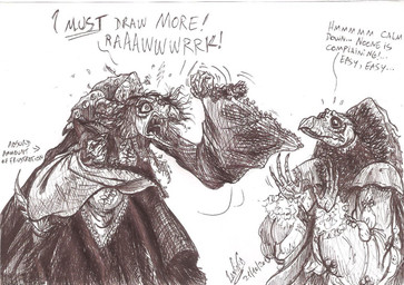 ambiguous_gender anthro dialogue elderly elderly_intersex fangs frustrated gown loose_feather multi_limb quill renaissance_clothing roaring speech_bubble teeth text skekla_(artist) the_dark_crystal skekla_the_illustrator skeksil_the_chamberlain alien skeksis 2015 comic english_description english_text hi_res signature