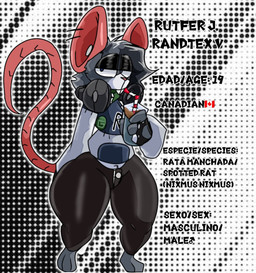anthro blue_eyes bottomwear clothing drinking electronics grey_body grey_eyes headphones heterochromia jacket male pants small_waist solo text thick_thighs topwear wide_hips wannapossums rutfer_j._randtex mammal murid murine rat rodent model_sheet spanish_text