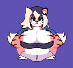 anthro backwards_baseball_cap backwards_hat baseball_cap belly big_breasts black_hair blue_clothing blue_topwear bottomwear bouncing_breasts breasts cleavage clothed clothed_anthro clothed_female clothing countershading female female_anthro fur glistening_eyelids hair half-closed_eyes hat headgear headwear hotpants lidded_eyes looking_at_viewer narrowed_eyes open_mouth open_smile orange_body orange_ears orange_fur purple_background shorts simple_background smile solo striped_arms striped_body striped_fur stripes text topwear white_body white_countershading white_fur fizlok tracy_(anaugi) felid mammal pantherine tiger 2024 animated digital_media_(artwork) half-length_portrait loop no_sound pixel_(artwork) pixel_animation portrait webm