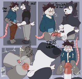 3_panel_comic anal anal_penetration anthro balls big_glans blush bodily_fluids chastity_cage chastity_device circumcised circumcision_scar clothing cum cum_in_chastity_cage cum_on_clothing cum_on_face cum_while_penetrated dialogue duo ejaculating_on_another ejaculation erection genital_fluids genital_scar genitals humiliation male male/male nervous penetration penile penis penis_humiliation penis_size_difference penises_touching plap pulling_pants_down scar small_balls small_penis_humiliation sweat sweatdrop text unsupported_chastity_cage knightferret american_opossum canid canine mammal marsupial virginia_opossum 2025 colored comic digital_media_(artwork) english_text hi_res multiple_scenes